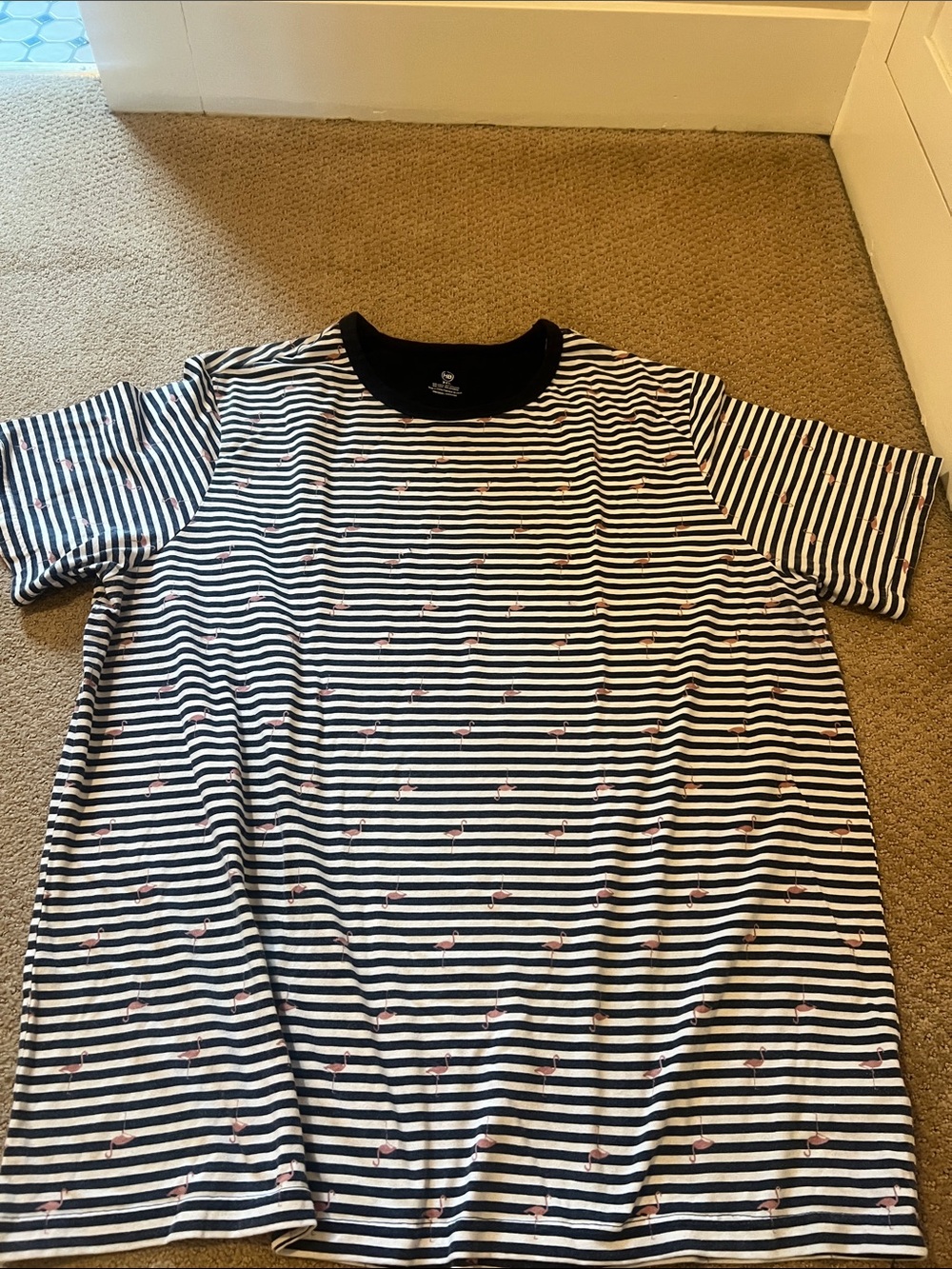 Men’s HB Striped Crew Neck T-Shirt with Flamingo Embroidery - Navy & White